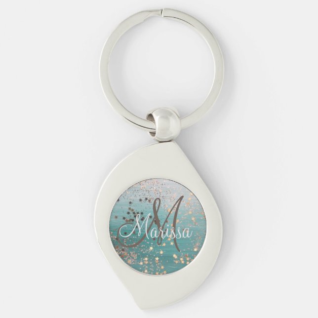 Monogram Glittery Stars on Teal Personalized      Keychain (Front)