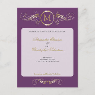 Monogram Glod Swirls Elegant Purple Save the Date Announcement Postcard