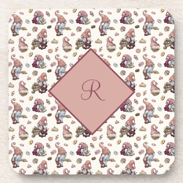 Monogram Gnomes Baking, Cupcakes, Donuts, Cute Beverage Coaster (Front)
