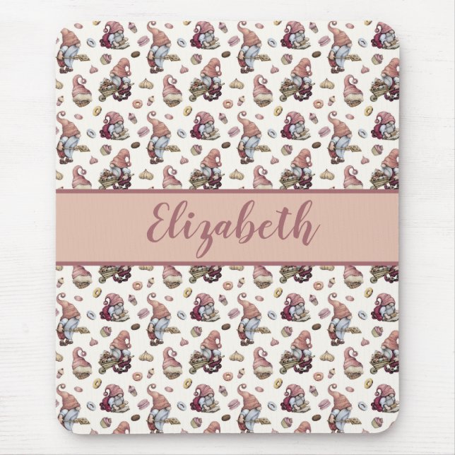 Monogram Gnomes Baking Cupcakes Donuts Pink Script Mouse Pad (Front)