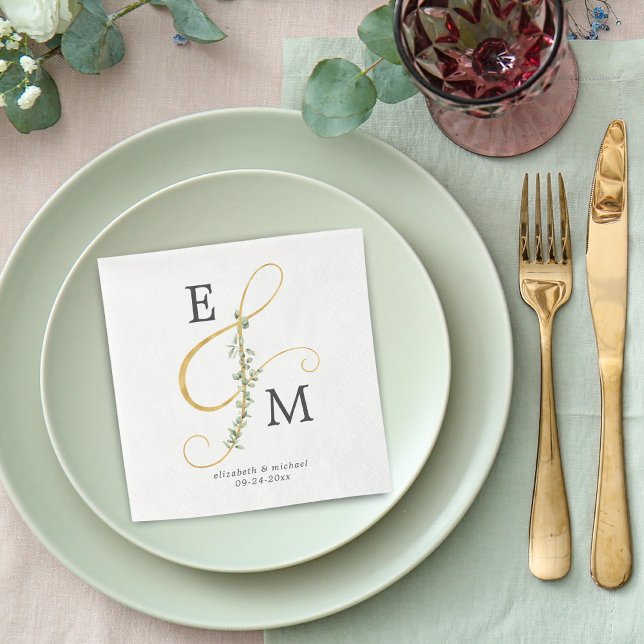 Monogram Gold Ampersand Eucalyptus Wedding Napkins (Creator Uploaded)