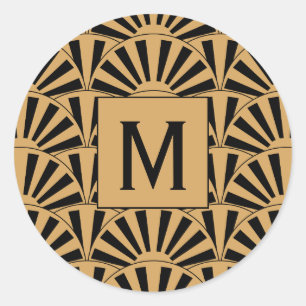Monogram Gold and Black Art Deco Fan Flowers Motif Classic Round Sticker