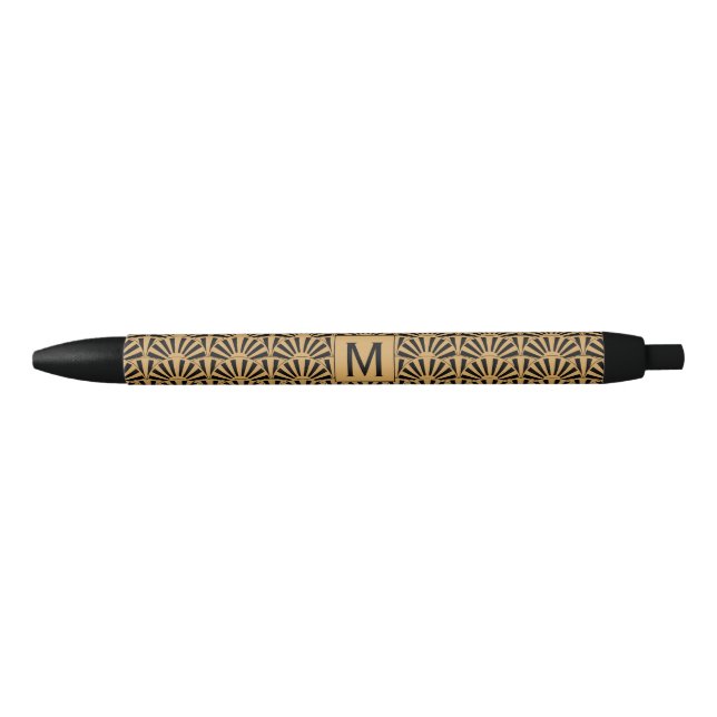 Monogram Gold and Black Art Deco Fan Flowers Motif Pen (Front)