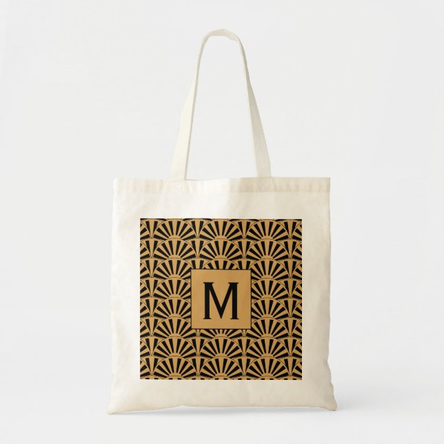 Monogram Gold and Black Art Deco Fan Flowers Motif Tote Bag (Front)