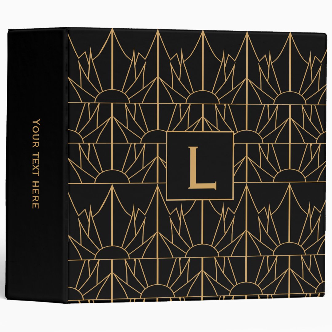 Monogram Gold and Black Art Deco Pattern 3 Ring Binder | Zazzle