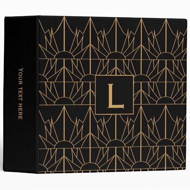 Monogram Gold and Black Art Deco Pattern 3 Ring Binder (Front/Spine)