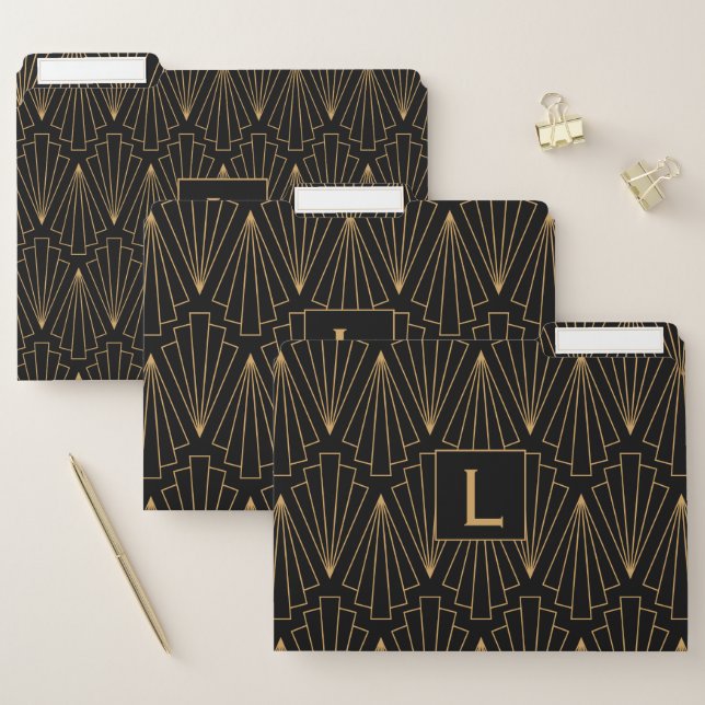 Monogram Gold and Black Art Deco Pattern File Folder (Set)