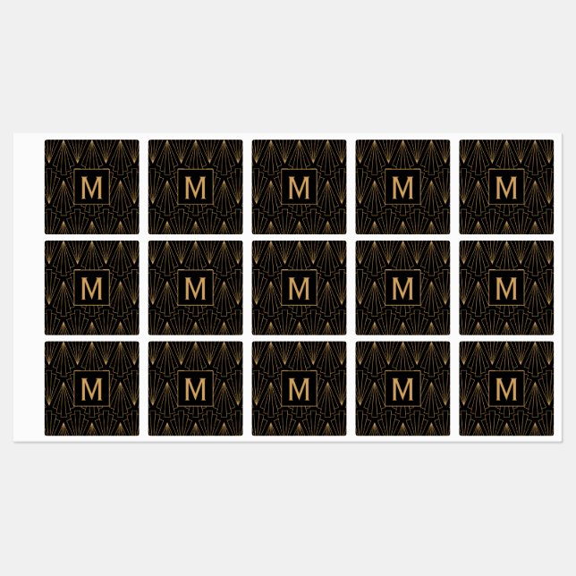 Monogram Gold and Black Art Deco Pattern Labels (Sheet)