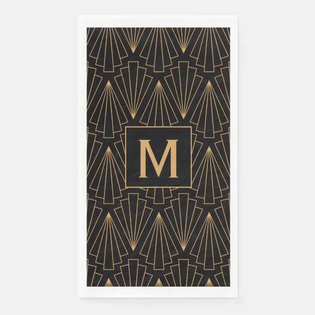 Monogram Gold and Black Art Deco Pattern Napkins (Front)