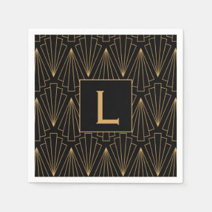 Monogram Gold and Black Art Deco Pattern Napkins