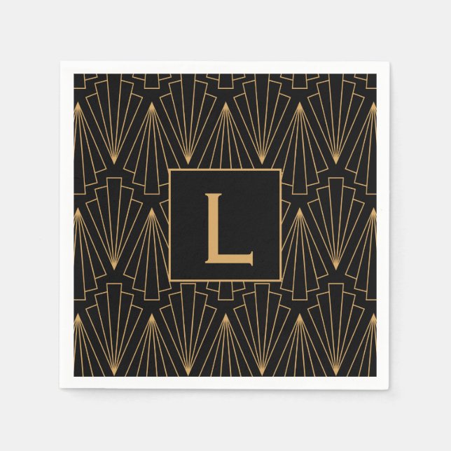 Monogram Gold and Black Art Deco Pattern Napkins (Front)