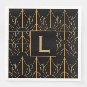 Monogram Gold and Black Art Deco Pattern Paper Dinner Napkins