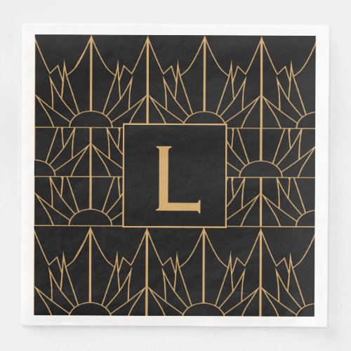 Monogram Gold and Black Art Deco Pattern Paper Dinner Napkins