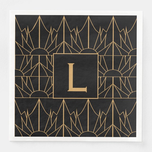 Monogram Gold and Black Art Deco Pattern Paper Dinner Napkins (Front)