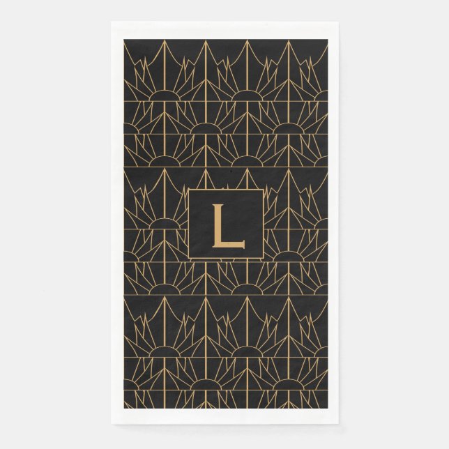 Monogram Gold and Black Art Deco Pattern Paper Guest Towels (Front)