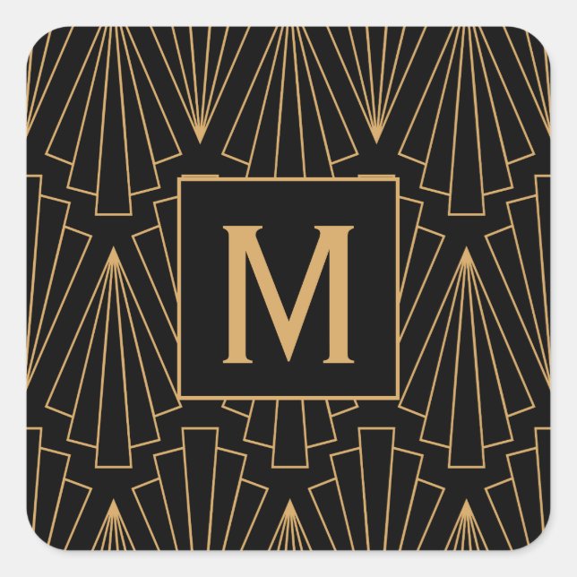 Monogram Gold and Black Art Deco Pattern Square Sticker (Front)