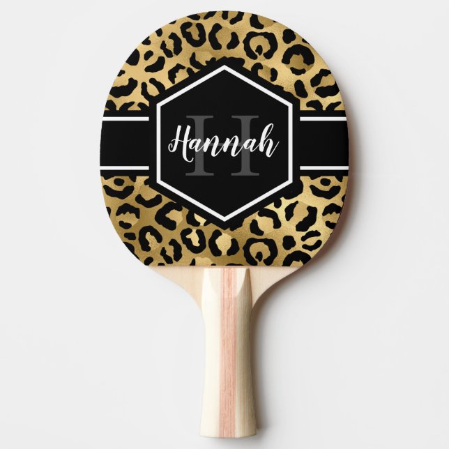 Monogram Gold and Black Leopard Spots Ping Pong Paddle (Front)