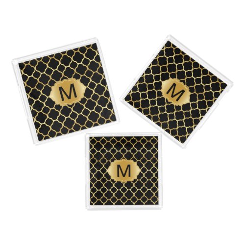 Monogram Gold and Black Quatrefoil Acrylic Tray