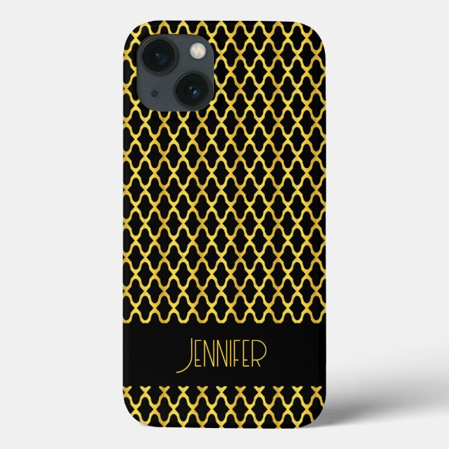 Monogram gold and black quatrefoil pattern Case-Mate iPhone case (Back)