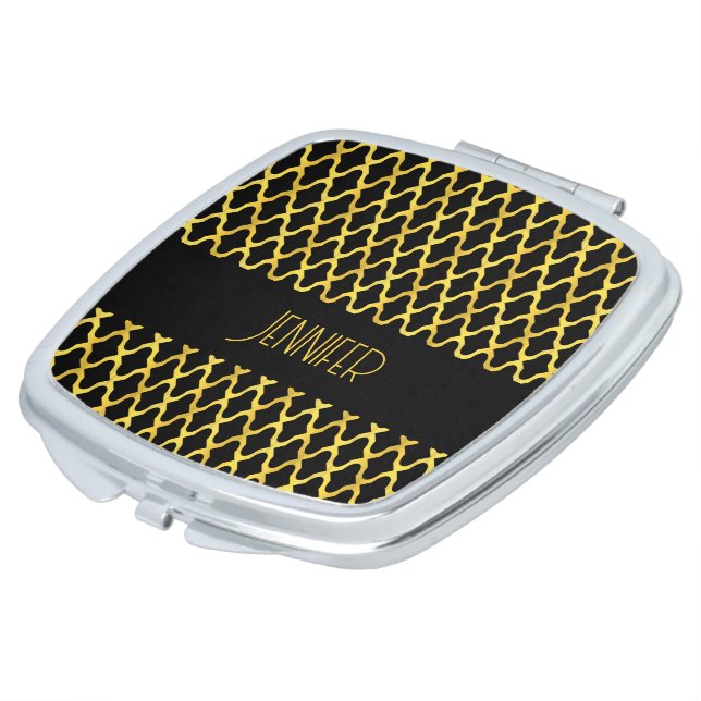 Monogram gold and black quatrefoil pattern compact mirror (Turned)