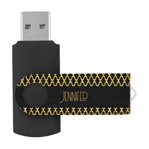 Monogram gold and black quatrefoil pattern flash drive