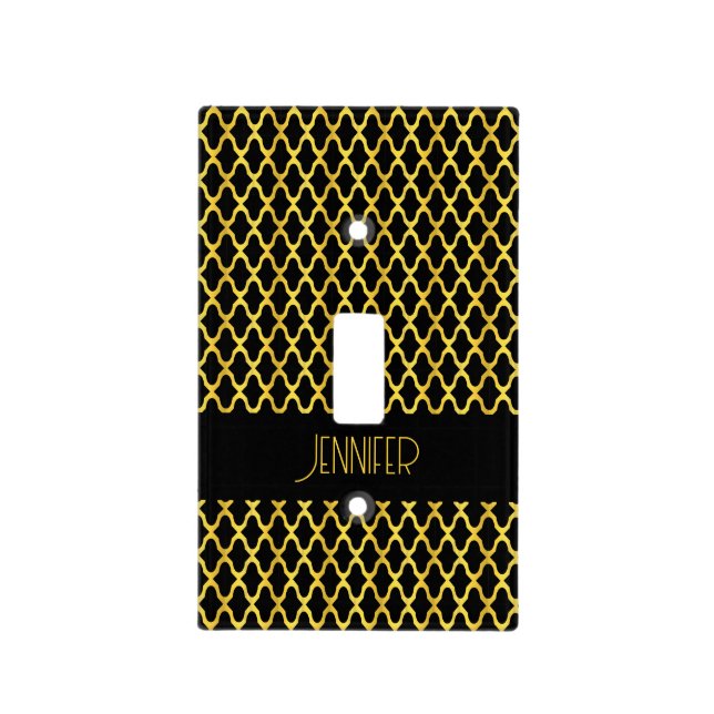 Monogram gold and black quatrefoil pattern light switch cover (Front)
