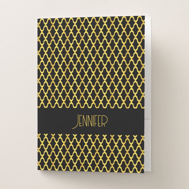 Monogram gold and black quatrefoil pattern pocket folder (Front)