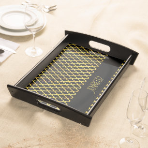 Monogram gold and black quatrefoil pattern serving tray