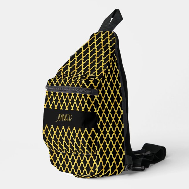 Monogram gold and black quatrefoil pattern sling bag (Right Corner)