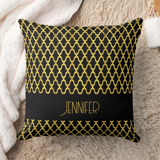 Monogram gold and black quatrefoil pattern throw pillow (Blanket)