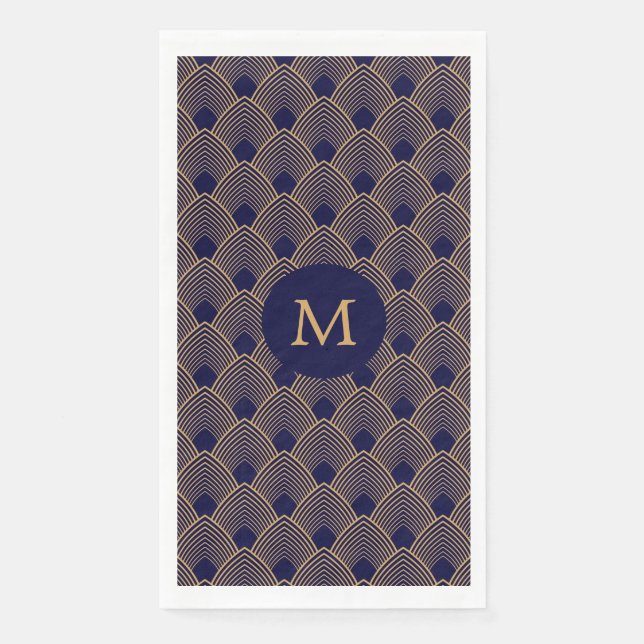 Monogram Gold and Blue Art Deco Pattern Paper Guest Towels (Front)