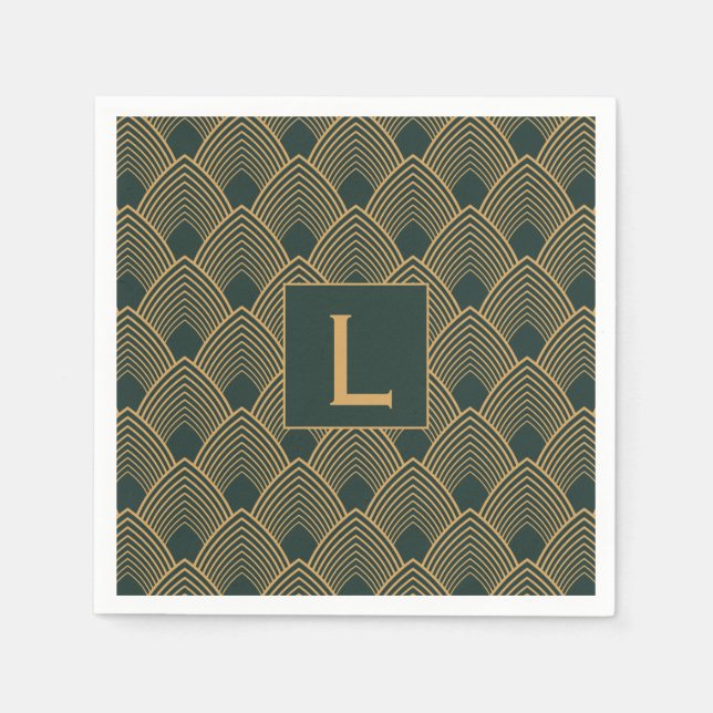Monogram Gold and Emerald Green Art Deco Pattern  Napkins (Front)