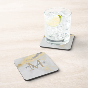 Monogram Gold and Gray Marble Beverage Coaster