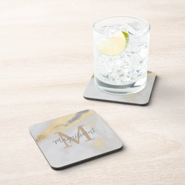 Monogram Gold and Gray Marble Beverage Coaster (Right Side)