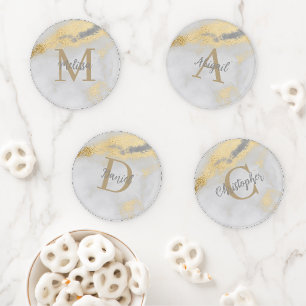 Monogram Gold and Gray Marble Coaster Set