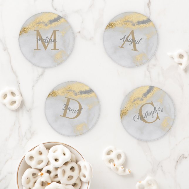 Monogram Gold and Gray Marble Coaster Set (In Situ)