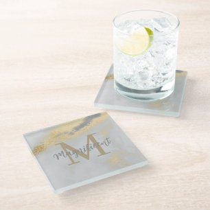 Monogram Gold and Gray Marble Glass Coaster