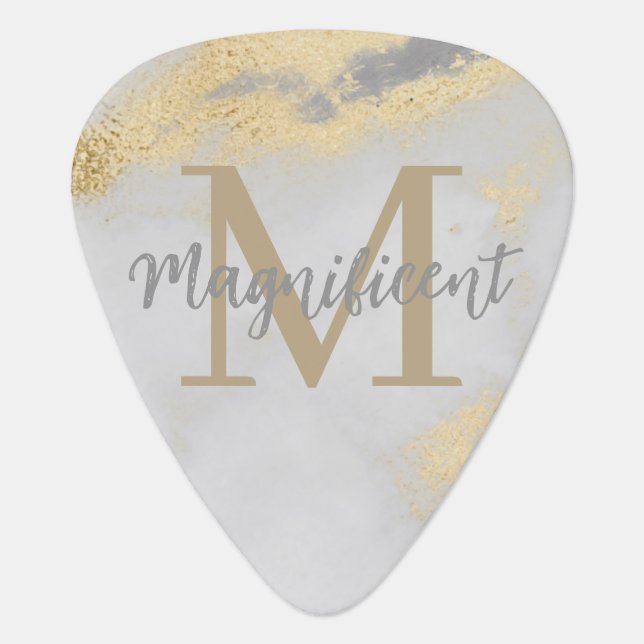 Monogram Gold and Gray Marble Guitar Pick (Front)