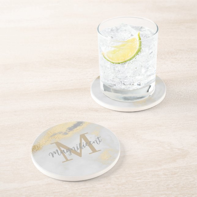 Monogram Gold and Gray Marble Square Coaster (Side)