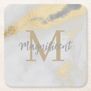 Monogram Gold and Gray Marble Square Paper Coaster
