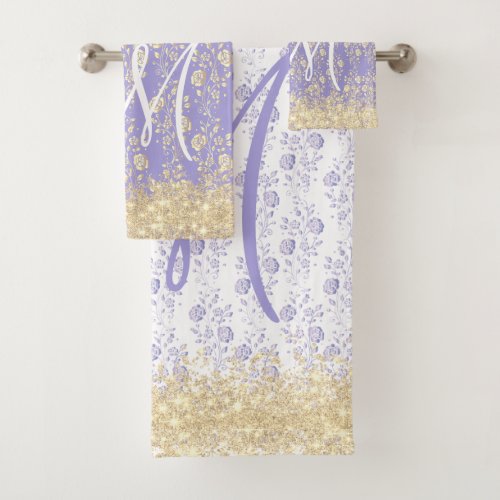 Monogram Gold  and Lavender Floral      Bath Towel Set