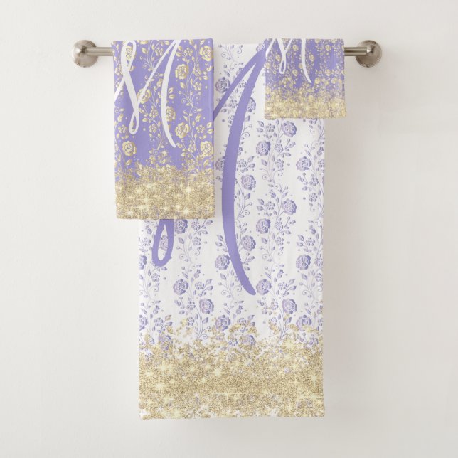 Monogram Gold  and Lavender Floral      Bath Towel Set (Insitu)