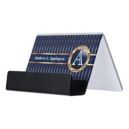 Monogram - Gold and Navy Blue Stripes Desk Business Card Holder