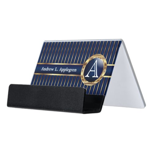 Monogram _ Gold and Navy Blue Stripes Desk Business Card Holder