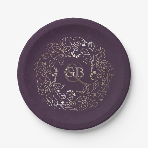 Monogram Gold and Plum Vintage Floral Wedding Paper Plates - Gold and plum purple floral wreath vintage wedding paper plates