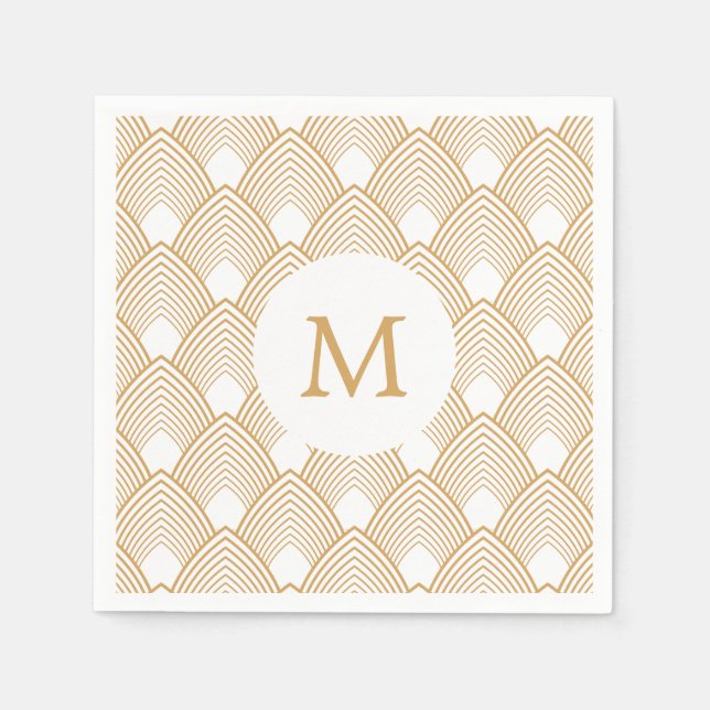 Monogram Gold and White Art Deco Pattern Paper Napkins (Front)