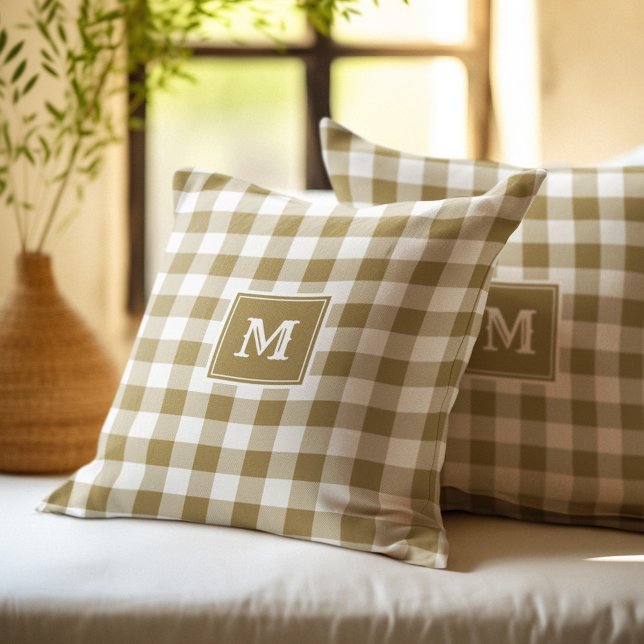 Monogram Gold and White Buffalo Plaid Throw Pillow (Creator Uploaded)
