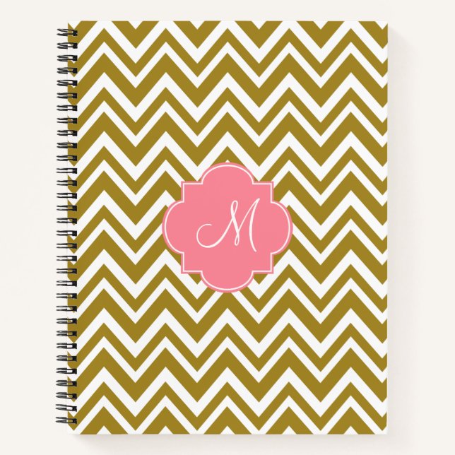 Monogram Gold and White Chevron Pattern with Pink Notebook (Front)