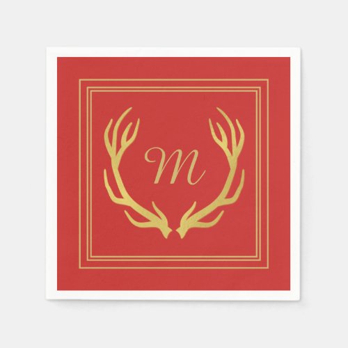 Monogram Gold Antlers Christmas Paper Napkin  Red