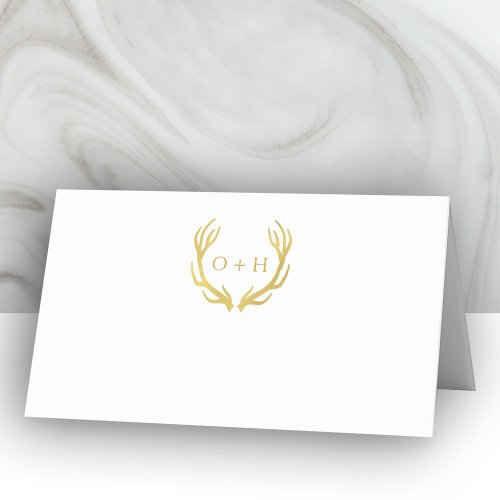 Monogram Gold Antlers  Wedding Folded Place Cards